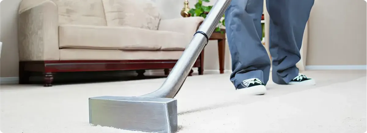 Carpet cleaning technician using a hot-water extraction wand on a light-colored carpet in a living room, Boulder, CO.