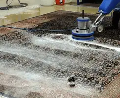 Professional rug cleaning with a rotary floor machine and shampoo foam, deep-cleaning an area rug, in Boulder, CO.